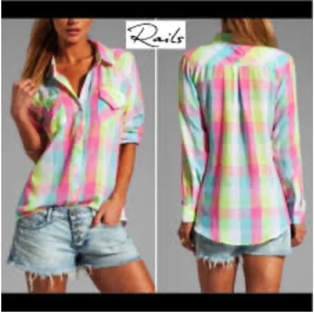 Rails Taylor Gauze‎ Button-Down Shirt in Rainbow Bright Plaid Size Small - Picture 14 of 14